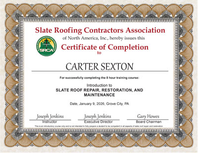 Carter Sexton - January 9, 2026, Introduction to Slate Roof Repair Course, Grove City, PA